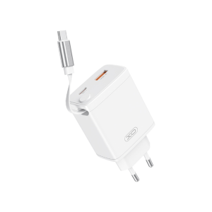 XO zidni strujni adapter s uvlačivim Type-C kabelom - 1x Type C + 1x USB - 30W
