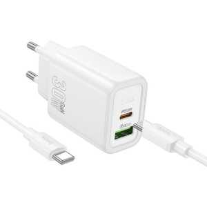 HOCO GaN zidni punjač PD/QC 30W – Type-C + USB + Type-C kabel – Bijeli