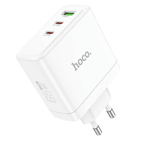 HOCO zidni strujni adapter PD QC GaN - 1x USB - 2x Type C utor (65W) - bijeli