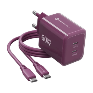Forcell zidni punjač GaN 2x Type-C + Type-C kabel - 60W - Bordo