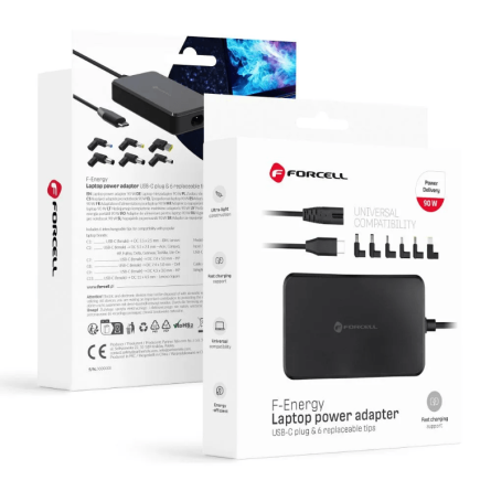 FORCELL F-ENERGY E856 univerzalni punjač za laptop 90W – Type-C + 6 nastavaka – crni 266763