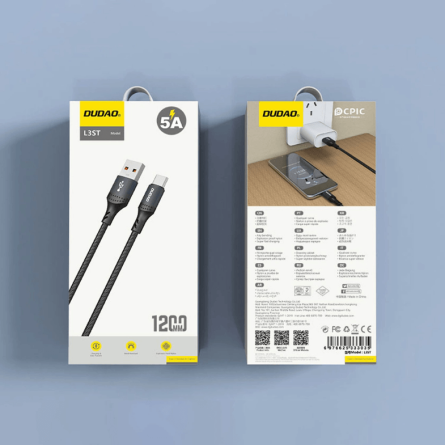 Dudao USB na Type C pleteni kabel 1.2M (5A) - Crni 266337