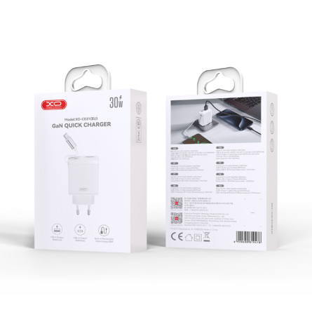 XO zidni strujni adapter s uvlačivim Type-C kabelom - 1x Type C + 1x USB - 30W 252747