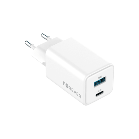 Forever zidni strujni adapter PD QC GaN - 1x USB - 1x Type C utor (45W) - bijeli 252709