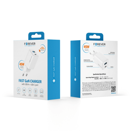 Forever zidni strujni adapter PD QC GaN - 1x USB - 1x Type C utor (45W) - bijeli 252712