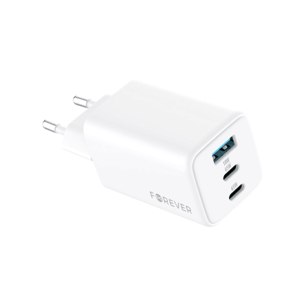 Forever zidni strujni adapter PD QC GaN - 1x USB - 2x Type C utor (65W) - bijeli 247314