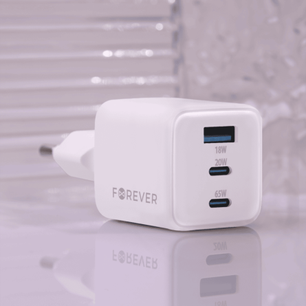 Forever zidni strujni adapter PD QC GaN - 1x USB - 2x Type C utor (65W) - bijeli 247317