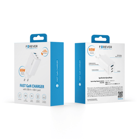Forever zidni strujni adapter PD QC GaN - 1x USB - 2x Type C utor (65W) - bijeli 247319