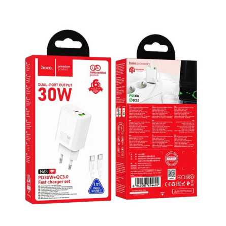 HOCO GaN zidni punjač PD/QC 30W – Type-C + USB + Type-C kabel – Bijeli 268275