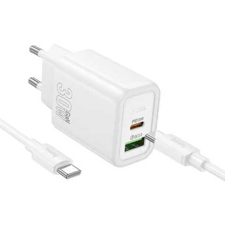 HOCO GaN zidni punjač PD/QC 30W – Type-C + USB + Type-C kabel – Bijeli 268276