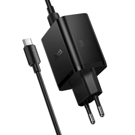 HOCO GaN zidni punjač PD/QC 65W – 2× Type-C + USB + Type-C kabel – Crni 268256
