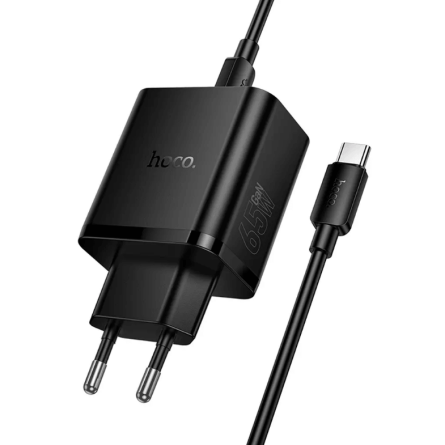 HOCO GaN zidni punjač PD/QC 65W – 2× Type-C + USB + Type-C kabel – Crni 268257