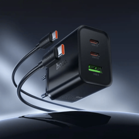 HOCO GaN zidni punjač PD/QC 65W – 2× Type-C + USB + Type-C kabel – Crni 268258