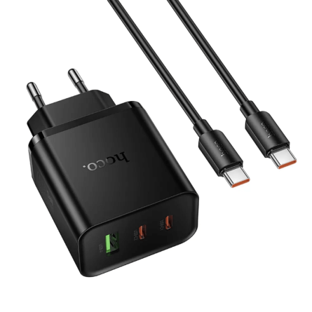 HOCO GaN zidni punjač PD/QC 65W – 2× Type-C + USB + Type-C kabel – Crni 268259