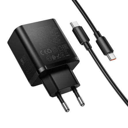 HOCO GaN zidni punjač PD/QC 65W – 2× Type-C + USB + Type-C kabel – Crni 268261