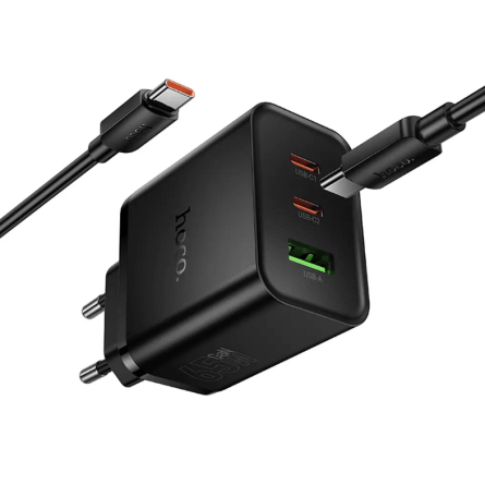 HOCO GaN zidni punjač PD/QC 65W – 2× Type-C + USB + Type-C kabel – Crni 268262