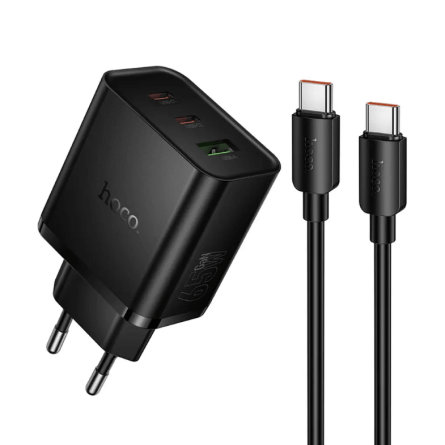 HOCO GaN zidni punjač PD/QC 65W – 2× Type-C + USB + Type-C kabel – Crni 268264