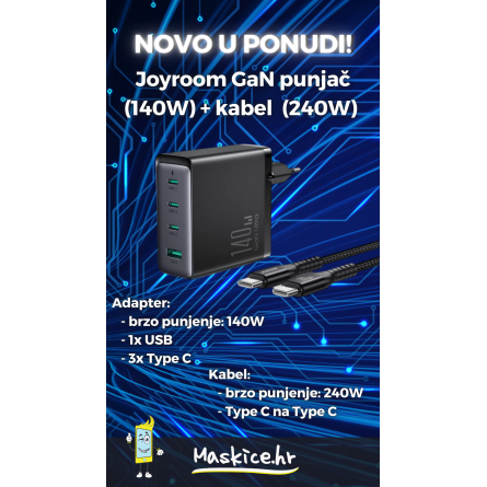 Joyroom GaN zidni punjač (140W) - 3x Type C i 1x USB + kabel Type C na Type C 1.2m (240W) - crni 241245