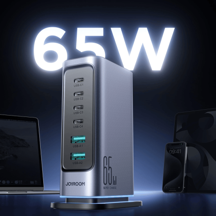 Joyroom višestruki GaN punjač 65W 4x Type C 2x USB-A - tamno sivi 241720