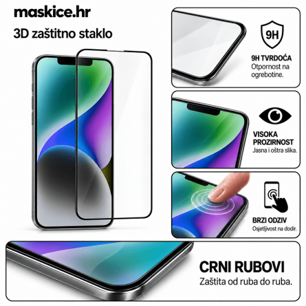 Zaštitno Staklo za ekran za iPhone 13 / 13 Pro / 14 / 16e / 17e (3D) - (Prozirno sa crnim rubovima) 270892