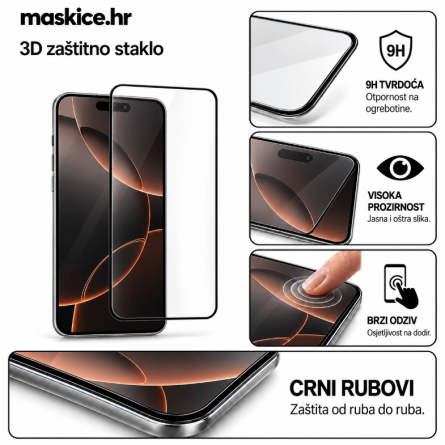 Zaštitno Staklo za ekran za iPhone 16 Pro Max / iPhone 17 Pro Max (3D) - (Prozirno sa crnim rubovima) 270897