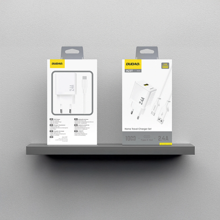 Dudao GaN zidni punjač 2.4A – USB + Type-C kabel – bijeli 268720