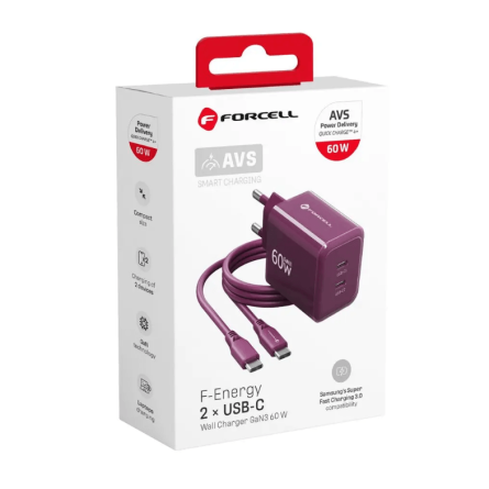 Forcell zidni punjač GaN 2x Type-C + Type-C kabel - 60W - Bordo 269791