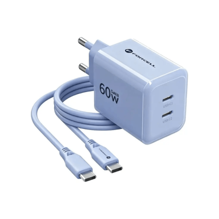 Forcell zidni punjač GaN 2x Type-C + Type-C kabel - 60W - Svijetlo Plavi 269799