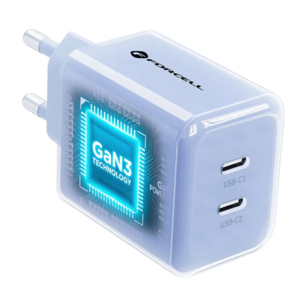 Forcell zidni punjač GaN 2x Type-C + Type-C kabel - 60W - Svijetlo Plavi 269796