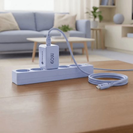 Forcell zidni punjač GaN 2x Type-C + Type-C kabel - 60W - Svijetlo Plavi 269798