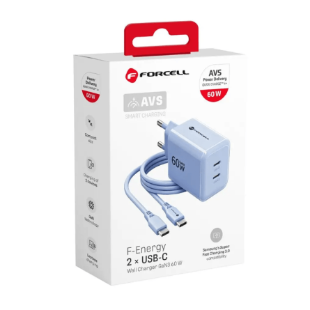 Forcell zidni punjač GaN 2x Type-C + Type-C kabel - 60W - Svijetlo Plavi 269797