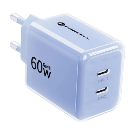 Forcell zidni punjač GaN 2x Type-C + Type-C kabel - 60W - Svijetlo Plavi 269800