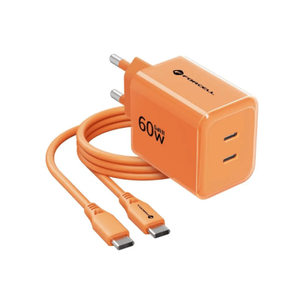 Forcell zidni punjač GaN 2x Type-C + Type-C kabel - 60W - Narančasti 269808
