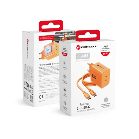 Forcell zidni punjač GaN 2x Type-C + Type-C kabel - 60W - Narančasti 269806