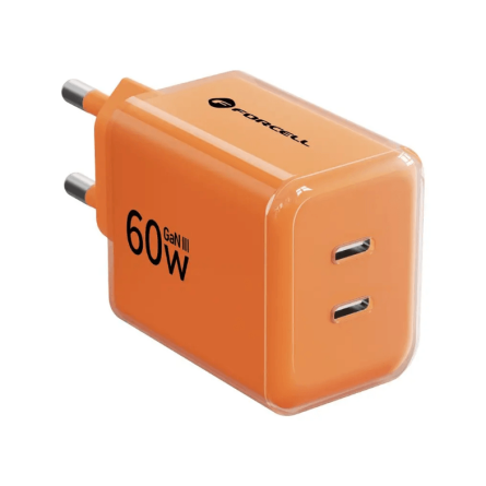 Forcell zidni punjač GaN 2x Type-C + Type-C kabel - 60W - Narančasti 269810