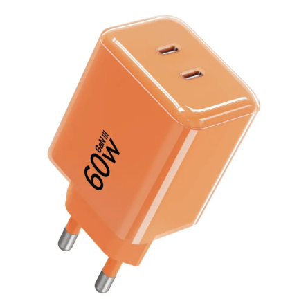 Forcell zidni punjač GaN 2x Type-C + Type-C kabel - 60W - Narančasti 269807