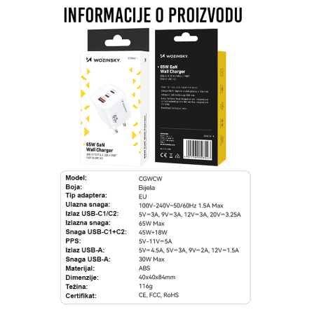 Wozinsky zidni punjač PD - 2x Type C + 1x USB - 65W 254152