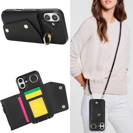 Wallet Maskica sa vezicama i držačem za iPhone 16 - Crna 265654