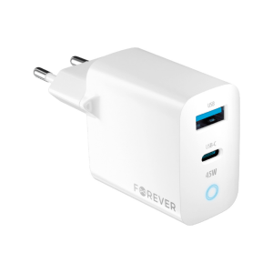 Forever zidni strujni adapter GaN PD QC - 1x USB - 1x Type C utor (45W) - bijeli