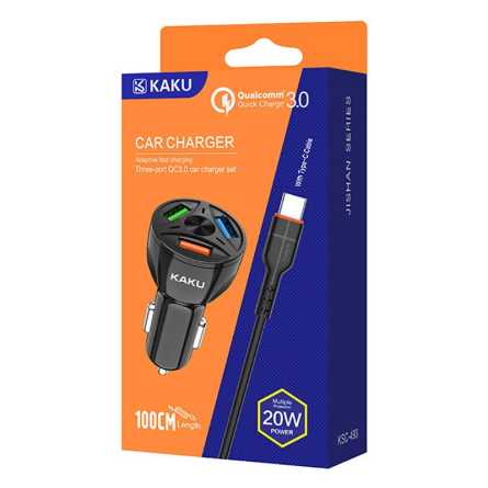 KAKU autopunjač s Type C kabelom - 20W 4,8A QC3.0 - 3 x USB - više boja 197617