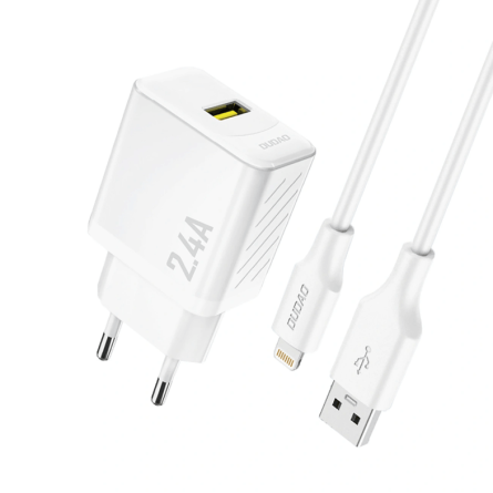 Dudao GaN zidni punjač 2.4A – USB + Lightning kabel – bijeli 264677