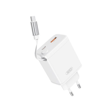 XO zidni strujni adapter s uvlačivim Type-C kabelom - 1x Type C + 1x USB - 30W 252744