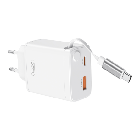 XO zidni strujni adapter s uvlačivim Type-C kabelom - 1x Type C + 1x USB - 30W 252745