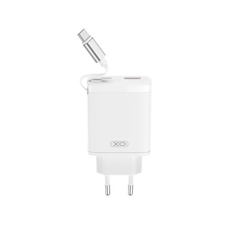 XO zidni strujni adapter s uvlačivim Type-C kabelom - 1x Type C + 1x USB - 30W 252746