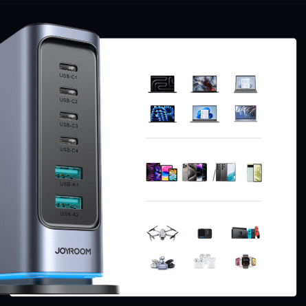 Joyroom višestruki GaN punjač 65W 4x Type C 2x USB-A - tamno sivi 241783