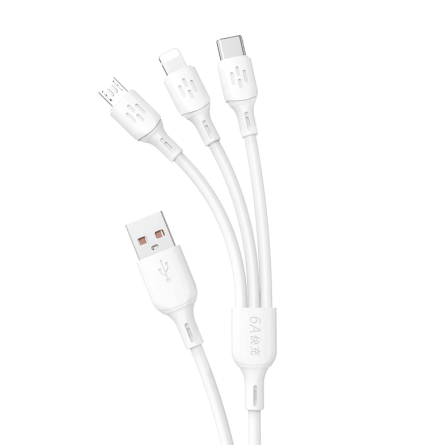 3u1 data kabel - USB na Type-C + microUSB + Lightning 1.2m 6A- bijeli 241682