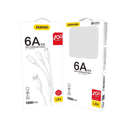 3u1 data kabel - USB na Type-C + microUSB + Lightning 1.2m 6A- bijeli 241686