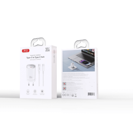 XO zidni punjač PD 30W Type-C + Type C kabel - bijeli 257261