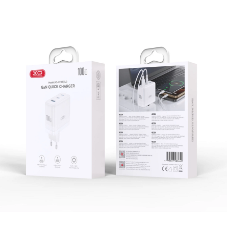 XO zidni strujni adapter PD - 1x USB - 2x Type C (100W) - bijeli 257268