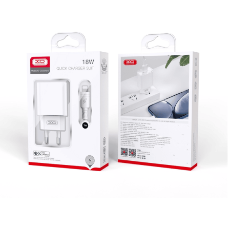 XO zidni punjač QC 3.0 18W USB bijeli + Type C kabel 242402